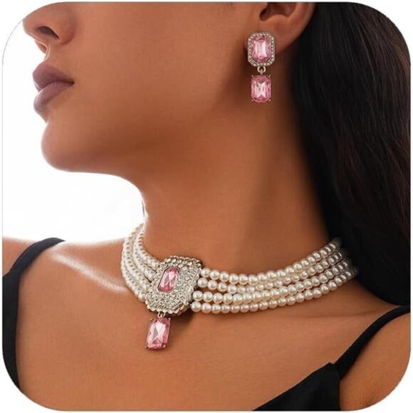 Pink Pearl Choker Necklace for Women Earring & Necklace Set  Gemstone Crystal - Picture 1 of 6